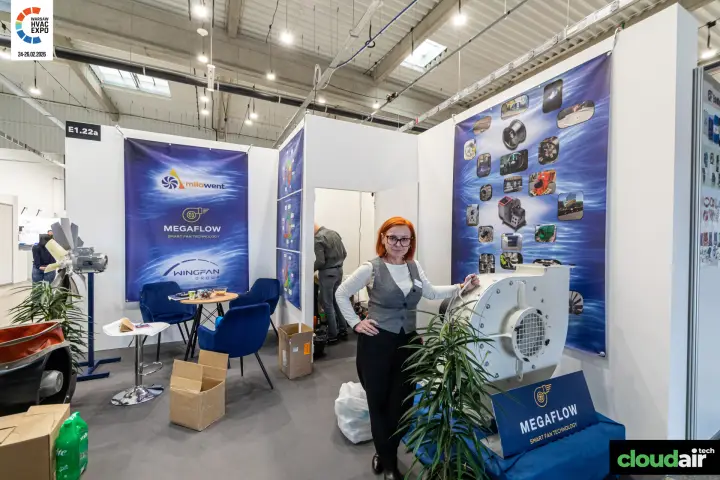 Megaflow stand with a white centrifugal fan and an axial fan on a stand at Warsaw HVAC Expo 2026