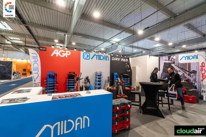 Midan and AGP stand E5.37 with core drilling rigs and drill bit racks at Warsaw HVAC Expo 2026
