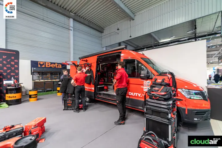 Milwaukee service van with fitted tool storage and stacked tool cases at Warsaw HVAC Expo 2026