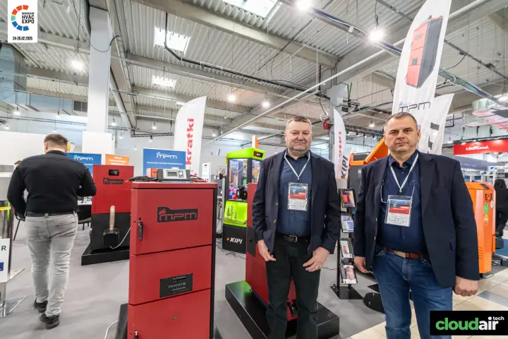 MPM stand with a red CALDO boiler and eco-boiler roll-ups at Warsaw HVAC Expo 2026