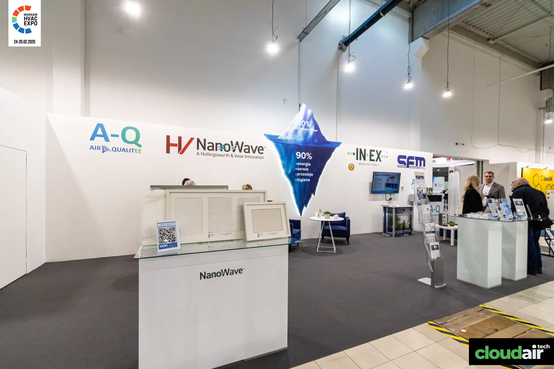 NanoWave filter media on the counter of a filtration stand with A-Q and SFM logos at Warsaw HVAC Expo 2026