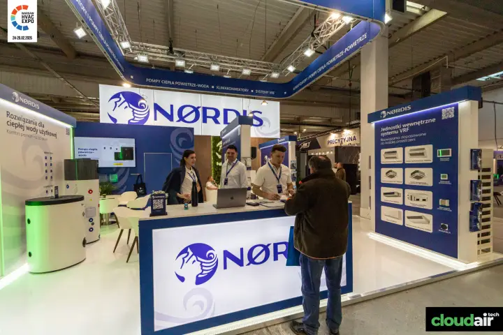 Nordis stand with VRF indoor unit panel and hot water heat pump