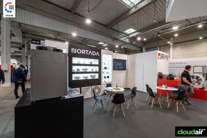 Nortada display wall with lit shelves of inline duct fans at Warsaw HVAC Expo 2026