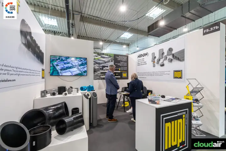 Nupi Industrie Italiane stand with PE electrofusion fittings and Niron pipes