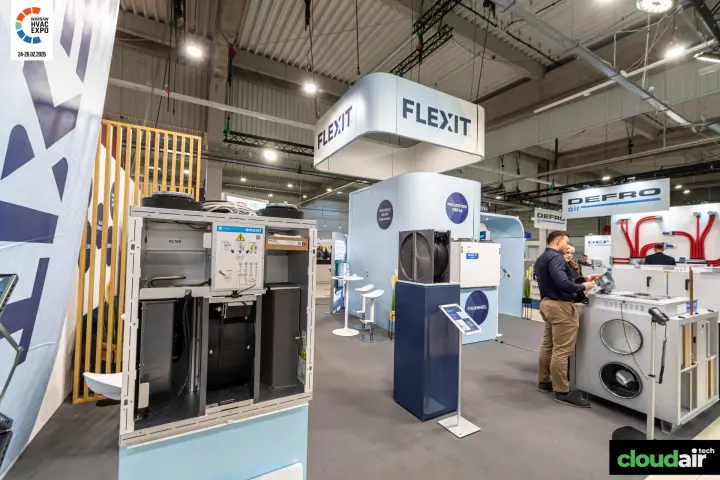 Opened Flexit ventilation unit showing filter and fan inside at Warsaw HVAC Expo 2026
