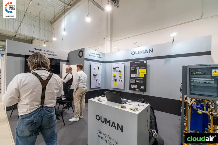 Ouman stand with building automation controllers beside a Gebwell unit at Warsaw HVAC Expo 2026