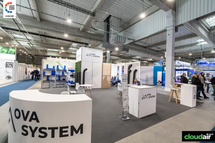 OVA System stand with blue duct fittings and black ventilation ducts at Warsaw HVAC Expo 2026