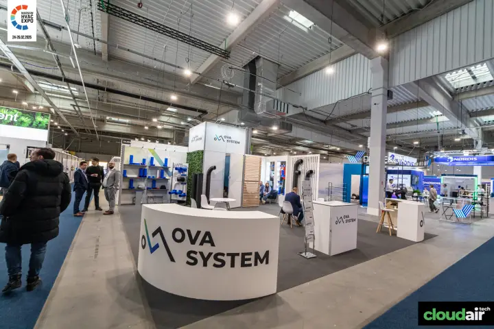 OVA System stand with curved logo counter and blue plastic duct fittings at Warsaw HVAC Expo 2026