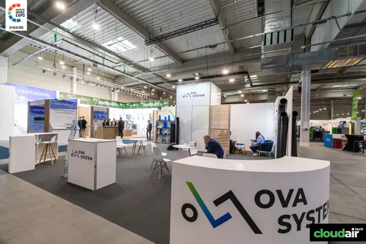 OVA System stand with curved logo counter and flexible duct display at Warsaw HVAC Expo 2026