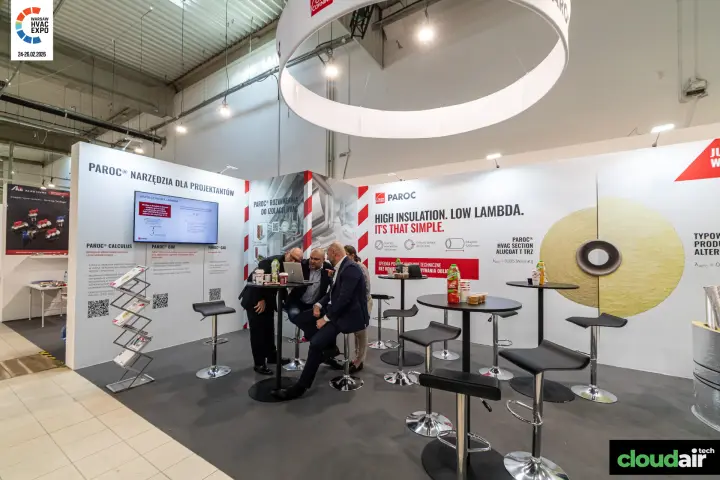 Paroc stand with design tools wall and suspended ring banner at Warsaw HVAC Expo 2026