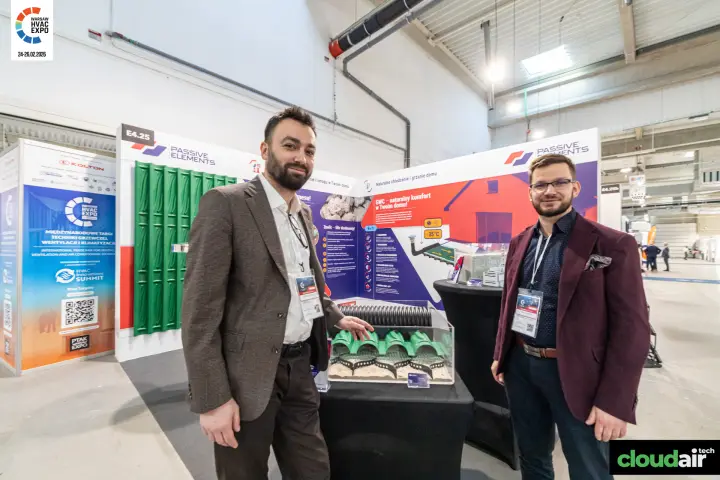 Passive Elements stand with a sectioned ground heat exchanger model at Warsaw HVAC Expo 2026