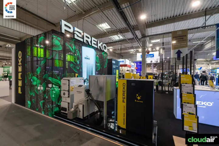 Pereko boilers in front of a transparent LED wall with leaf animation at Warsaw HVAC Expo 2026