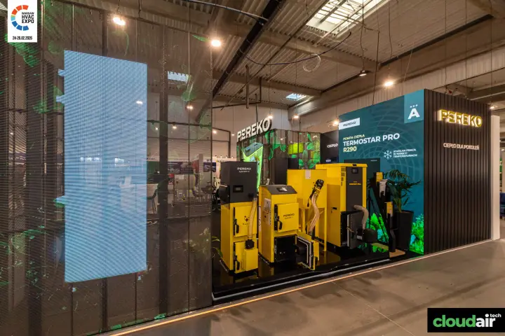Pereko pellet boilers in yellow and the Termostar Pro R290 heat pump panel