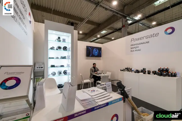 Powergate stand with lit display of blowers, motors and power supplies at Warsaw HVAC Expo 2026