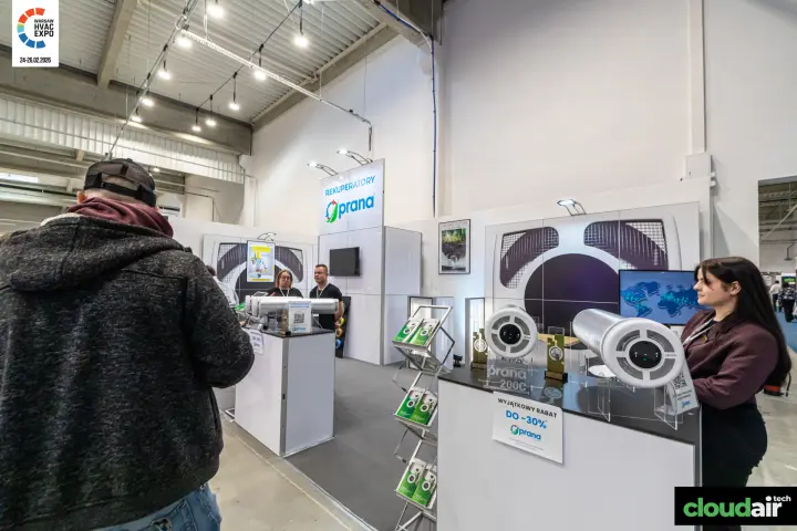 Prana stand with Prana 200C decentralised recuperators and trophies at Warsaw HVAC Expo 2026