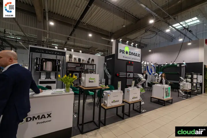 Prodmax stand frontage with recuperators, Clean Box and Air Expert wall at Warsaw HVAC Expo 2026