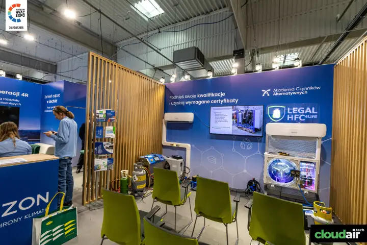 Prozon training corner with refrigerant recovery kit and demo AC units at Warsaw HVAC Expo 2026