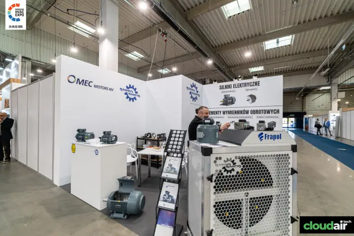Radius Radpol and Omec Motors stand with electric motors and a Frapol unit at Warsaw HVAC Expo 2026