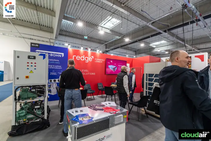 Redge, formerly Lennox, stand with open-frame compressor unit at Warsaw HVAC Expo 2026