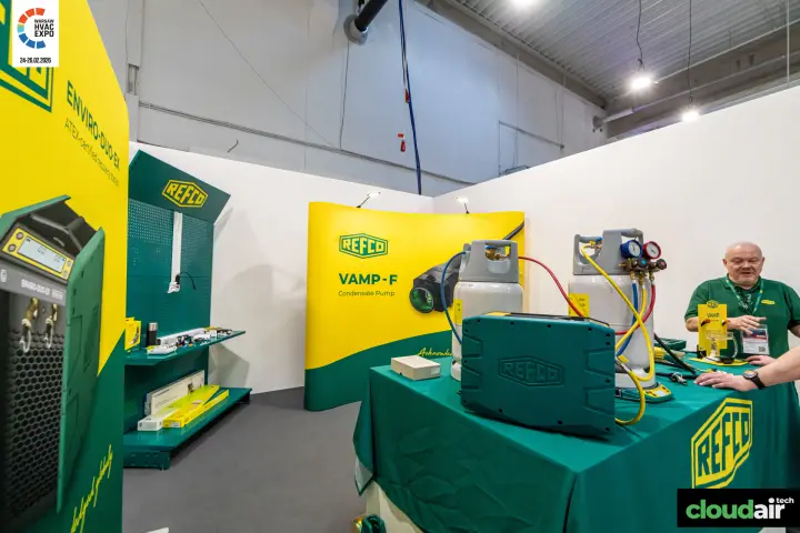 Refco stand with refrigerant recovery unit and VAMP-F condensate pump banner at Warsaw HVAC Expo 2026