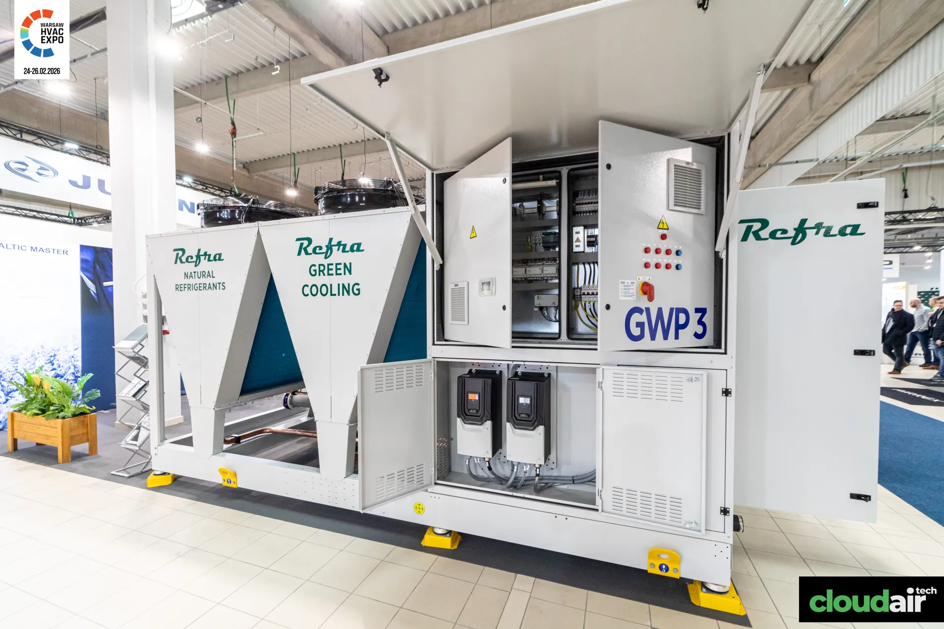 Refra natural-refrigerant unit with GWP 3 marking and open control cabinet at Warsaw HVAC Expo 2026