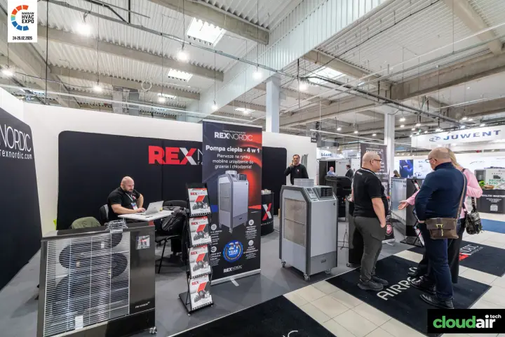 Rex Nordic stand with a 4-in-1 mobile heat pump and Airrex heaters at Warsaw HVAC Expo 2026