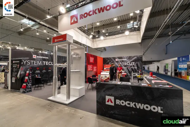 Rockwool stand front with insulated pipe tower and branded counter at Warsaw HVAC Expo 2026
