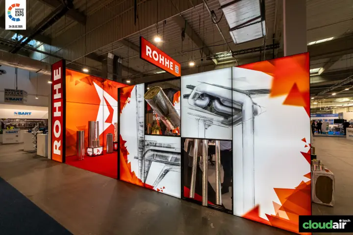 Rohhe lightbox facade with insulated duct sketches and roll sample at Warsaw HVAC Expo 2026