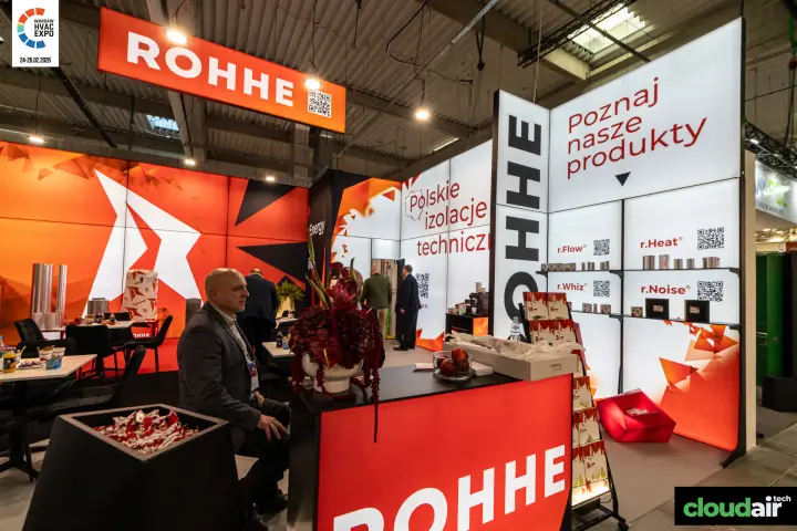 Rohhe lightbox wall presenting r.Flow, r.Heat, r.Whiz and r.Noise at Warsaw HVAC Expo 2026