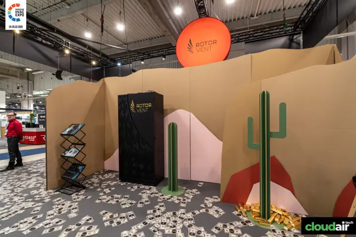 Rotor Vent desert-themed stand with cardboard walls and cacti at Warsaw HVAC Expo 2026