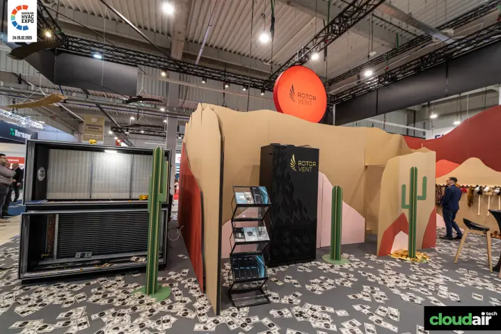 Rotor Vent stand with opened air handling sections and cardboard desert at Warsaw HVAC Expo 2026