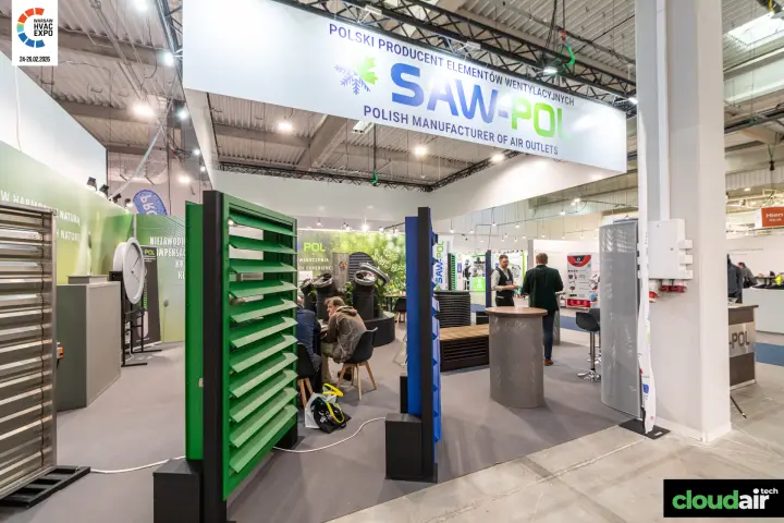 Saw-Pol stand with green and blue louvres under overhead sign