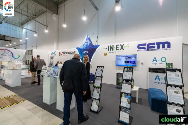 SFM Filtry stand with filter brochures, A-Q branding and a backlit iceberg graphic at Warsaw HVAC Expo 2026