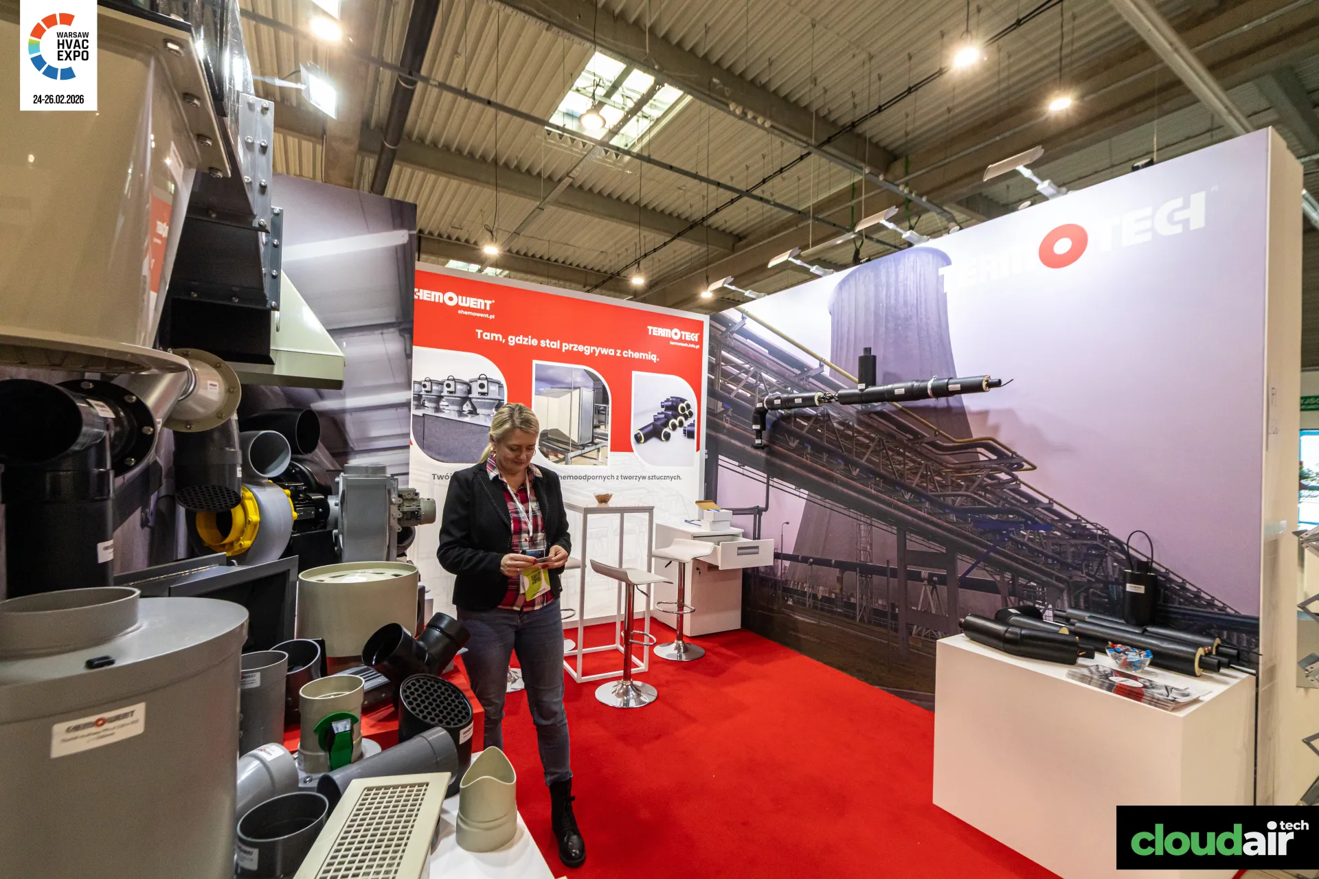 Shared Chemowent and Termotech stand with plastic fittings and pre-insulated pipes at Warsaw HVAC Expo 2026