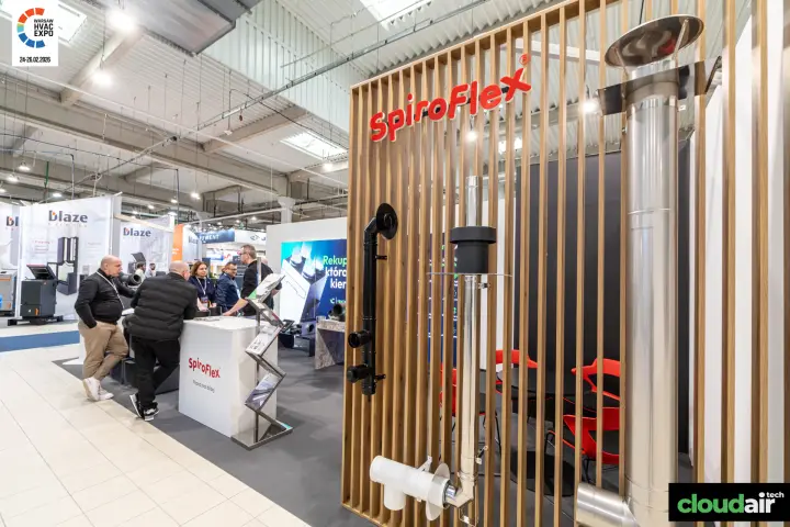 SpiroFlex wooden slat wall with stainless steel chimney and flue systems at Warsaw HVAC Expo 2026