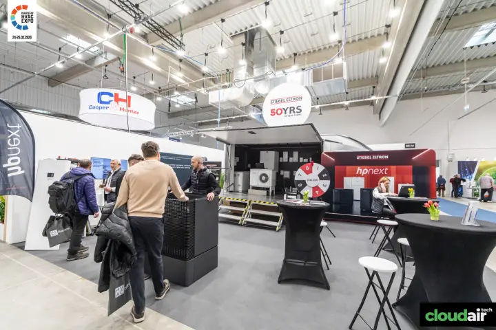 Stiebel Eltron stand with hpnext backdrop and open heat pump showroom unit at Warsaw HVAC Expo 2026