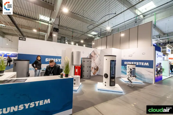 Sunsystem stand E5.33 with domestic hot water cylinders and buffer tanks at Warsaw HVAC Expo 2026