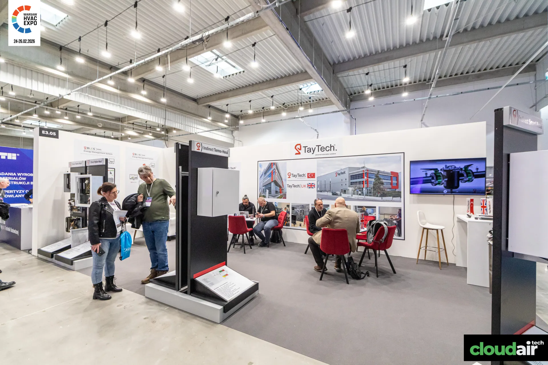 TayTech stand with 'Indirect Termo-Hexa' cabinet and red meeting chairs at Warsaw HVAC Expo 2026
