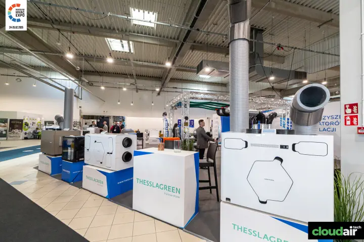 Thesslagreen heat recovery units on blue and white plinths at Warsaw HVAC Expo 2026