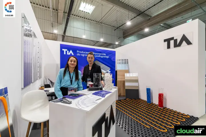 TIA reception counter with brochures and underfloor heating mat at Warsaw HVAC Expo 2026