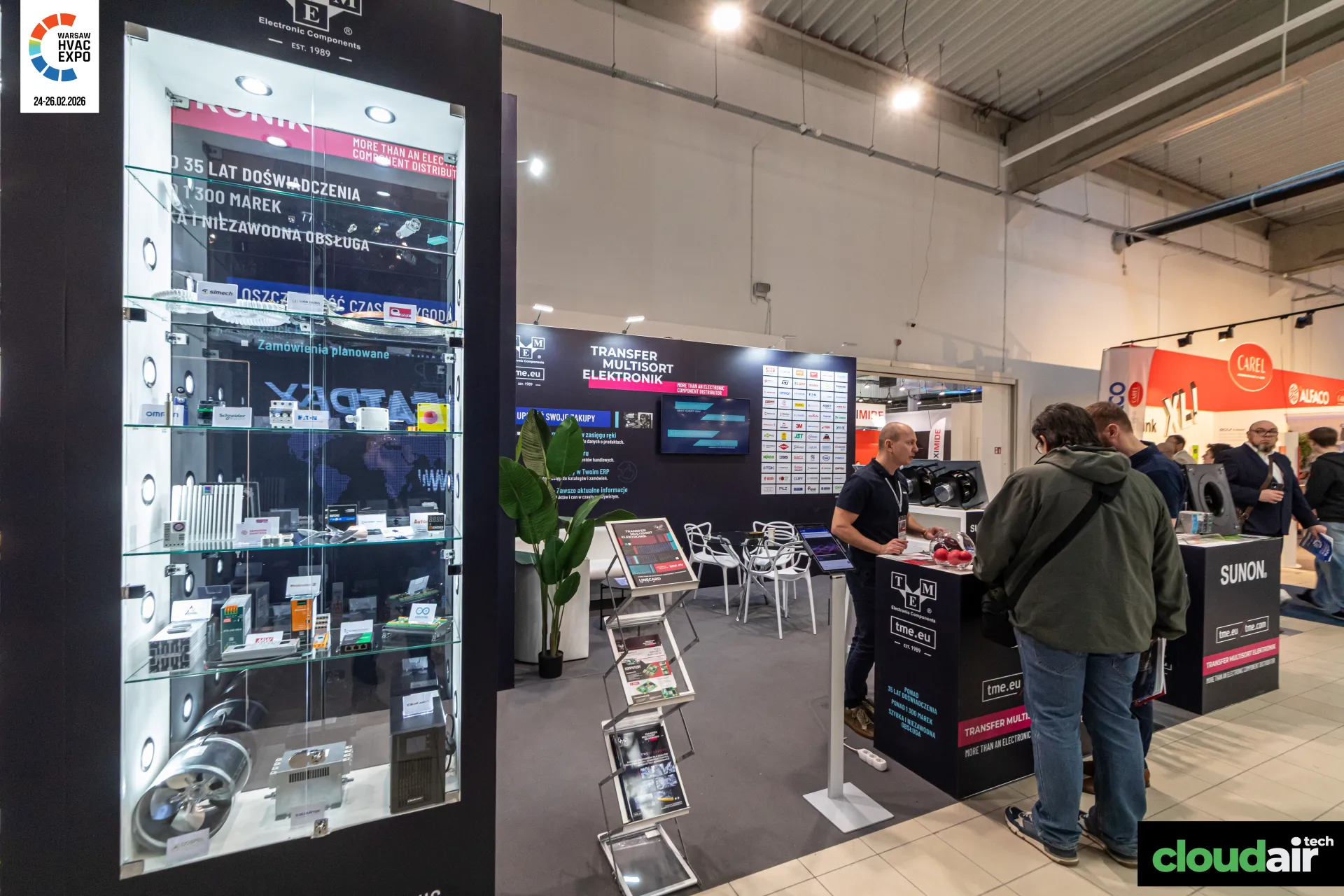 TME display case of components and Sunon fans on the counter at Warsaw HVAC Expo 2026