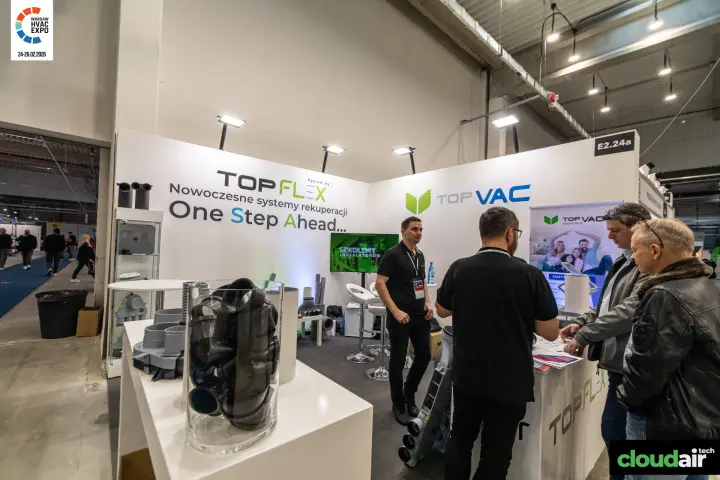 Topflex and Top Vac stand with plastic ventilation duct fittings at Warsaw HVAC Expo 2026