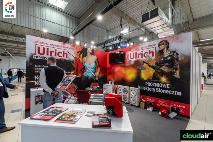 Ulrich stand with oil burners and solar collector graphics at Warsaw HVAC Expo 2026
