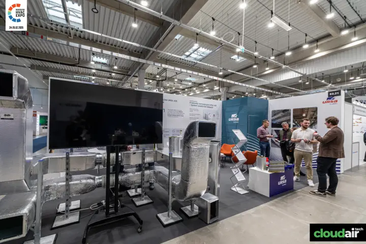 Ursa stand with insulated duct mock-up on strut supports at Warsaw HVAC Expo 2026