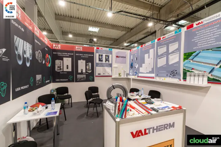 Valtherm and Leex stand with radiators, gas boilers and PEX pipes