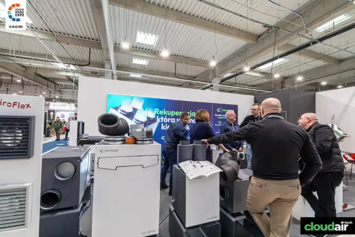 Vent Clear recuperators and insulated duct fittings on a crowded SpiroFlex stand at Warsaw HVAC Expo 2026