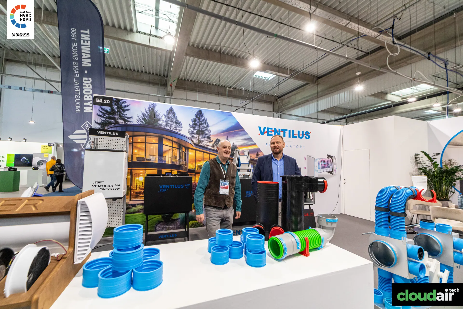 Ventilus counter with blue duct couplings and flexible elbow at Warsaw HVAC Expo 2026