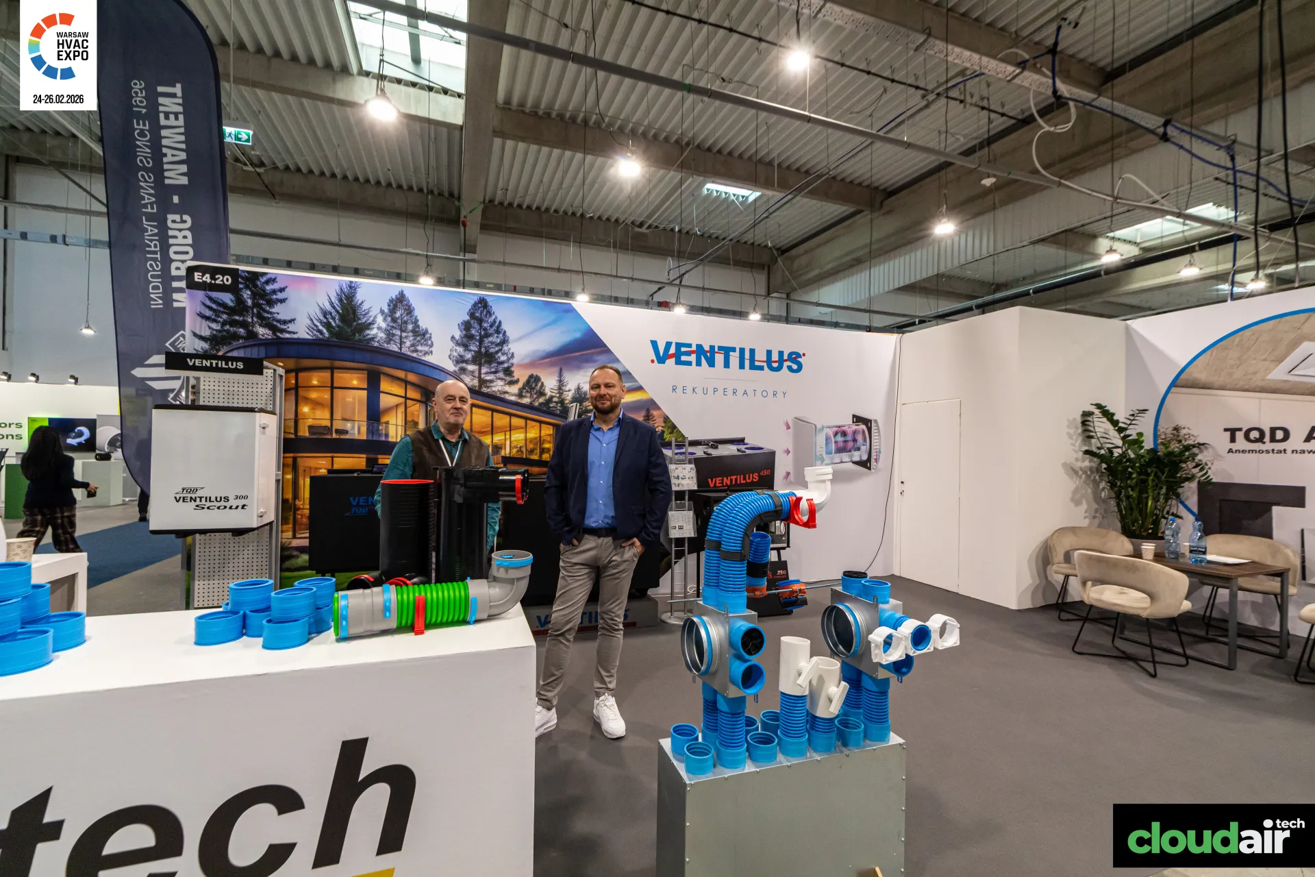 Ventilus stand with heat recovery units and blue flexible duct manifolds at Warsaw HVAC Expo 2026