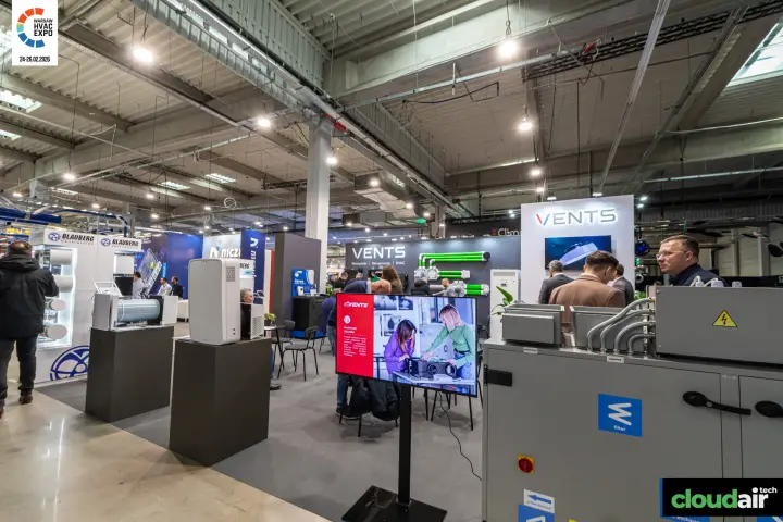 Vents stand with promotional screen and green ducting display at Warsaw HVAC Expo 2026