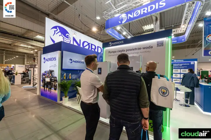 Visitors at the Nordis air-to-water heat pump display at Warsaw HVAC Expo 2026